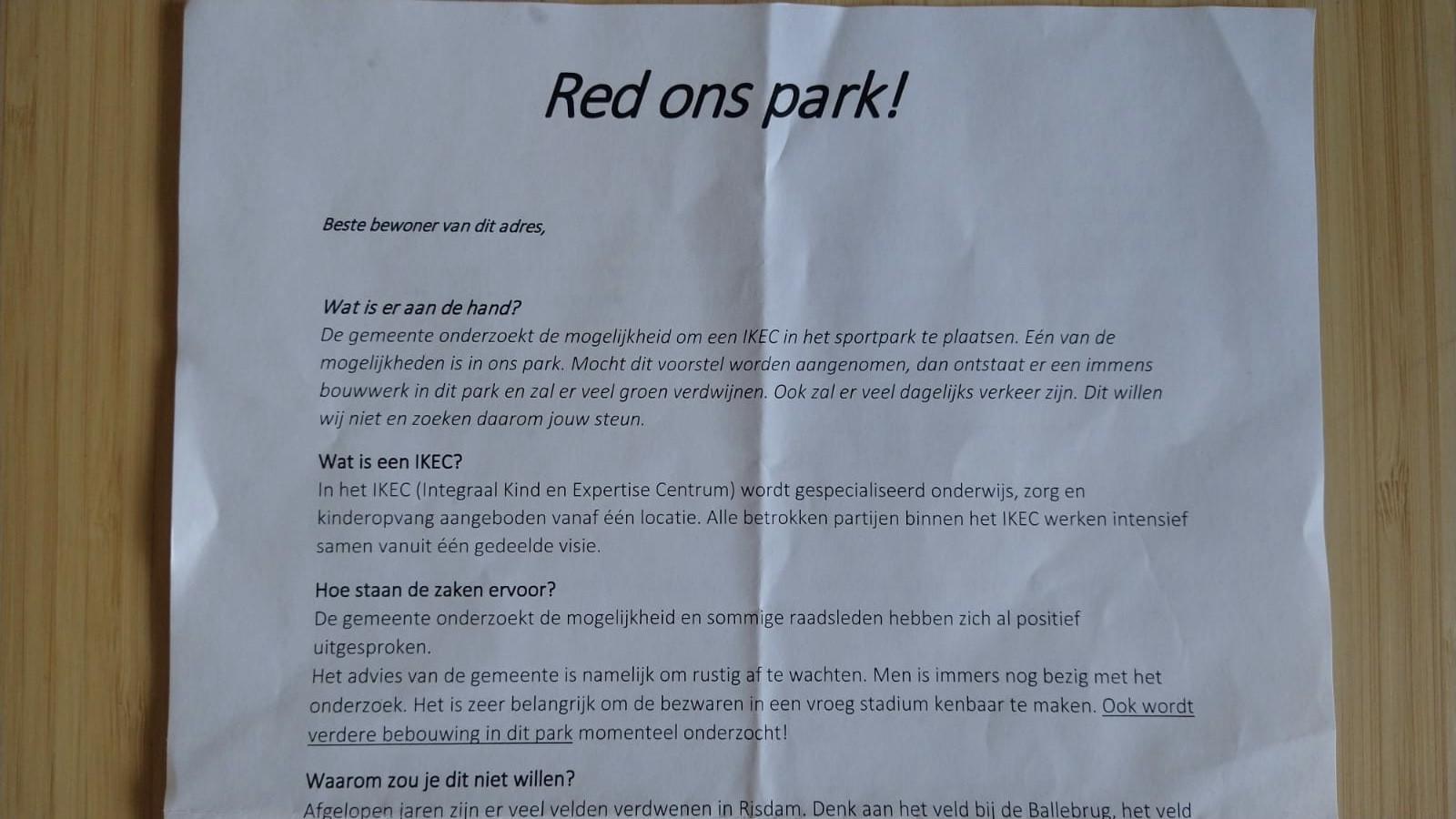 Brief: 'Red ons park!'