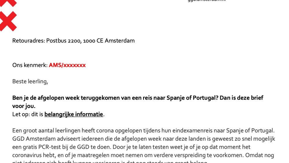 GGD Amsterdam in brief aan eindexamenleerlingen "Laat je testen na