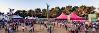 Een groothoekopname van een openluchtfestival met een grote menigte mensen verspreid over een grasveld. kleurrijke tenten en vlaggen zijn zichtbaar onder een heldere zonsonderganghemel.