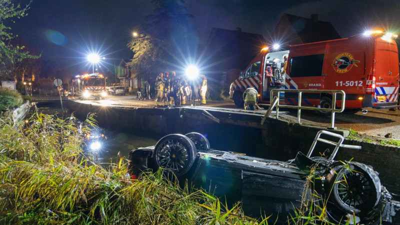 Porsche belandt in water langs Noordeinde Landsmeer