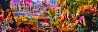 Een levendige en kleurrijke muurschildering die een eclectische mix van stadslandschappen, circuselementen, dieren en natuur weergeeft in een fantastische collage.