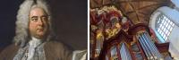 Links: portret van een 18e-eeuwse heer met witte pruik, gekleed in een chique jas met kant. rechts: binnenaanzicht van een kerk met een groot, sierlijk pijporgel tegen een glas-in-loodraam.