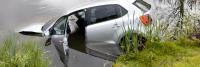 Een witte sedan die gedeeltelijk in een vijver is ondergedompeld, met het bestuurdersportier open en het water tot halverwege de auto reikt. hoog gras omringt het voertuig.