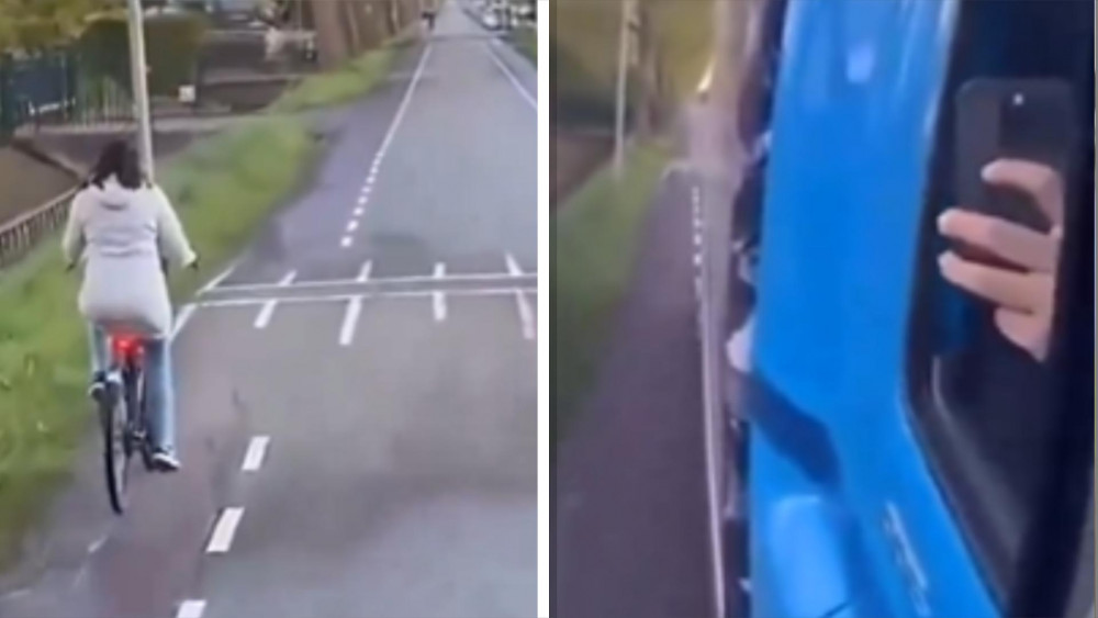 Woede om filmende vrachtwagenchauffeur die doorrijdt nadat vrouw water in fietst