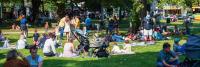 Een levendig buitentafereel in een park met talloze mensen die ontspannen op het gras. Sommigen zitten op dekens, anderen verzamelen zich in kleine groepjes. Een paar kinderwagens en fietsen zijn zichtbaar, met bomen die schaduw bieden. Op de achtergrond 