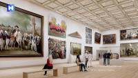 Een ruime museumzaal met verschillende grote schilderijen aan de muren, met historische en culturele scènes. Bezoekers zitten op banken en lopen rond. Het plafond heeft een geometrisch patroon. Een "H"-logo is zichtbaar in de linkerbovenhoek.