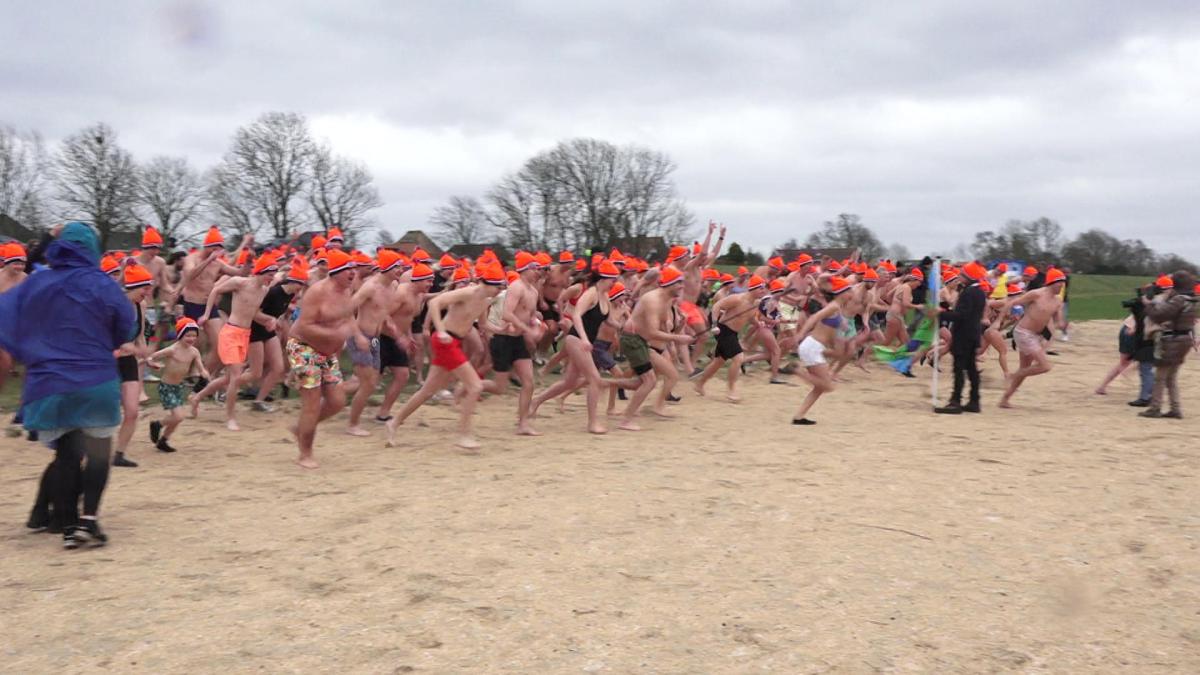Honderden bikkels trotseren regen, wind en kou tijdens nieuwjaarsduik Schellinkhout