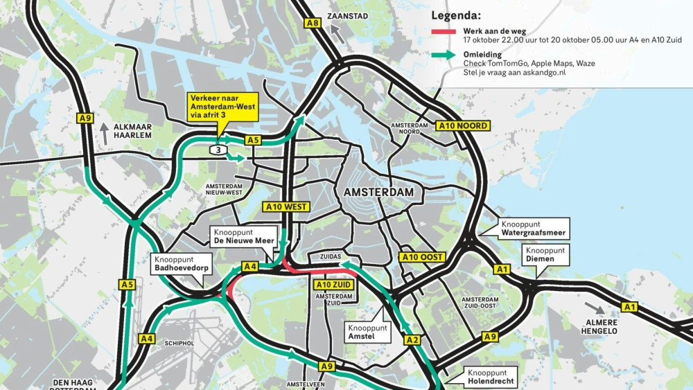 Rijkswaterstaat waarschuwt: veel hinder door werkzaamheden A4 en A10 komend weekend