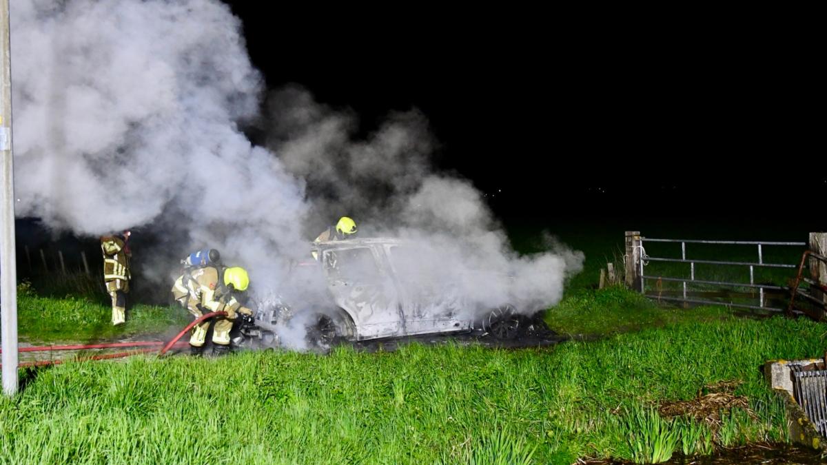 Auto volledig uitgebrand bij weiland, politie vermoedt diefstal
