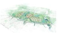 Een gerenderd luchtfoto-overzicht van een stedenbouwkundig masterplan met woonblokken, groene ruimtes, waterpartijen, wegen en elektriciteitsleidingen, met rechts een grote illustratie van een vogel. De omgeving is licht gearceerd.