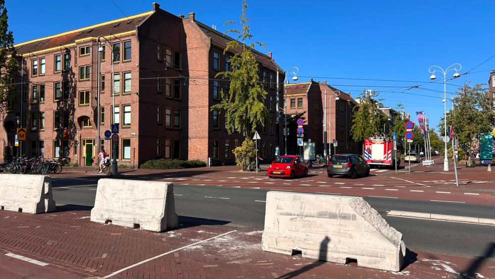 Concrete blocks placed at Javaplein for this afternoon's Pride party