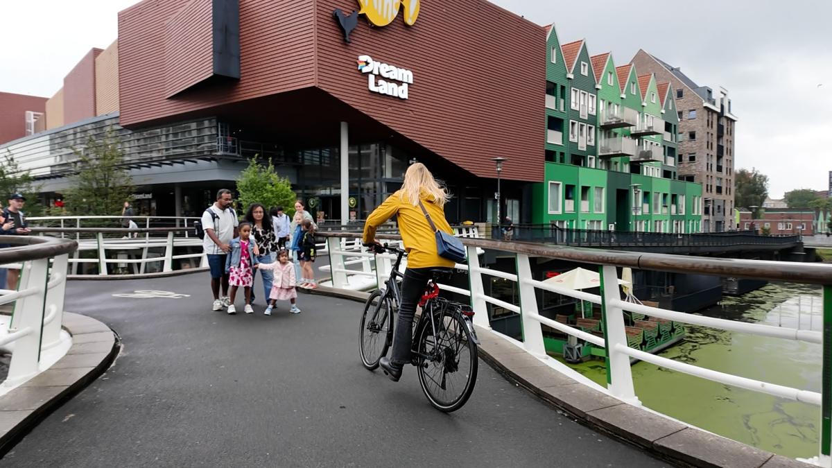 Toeristen poseren op druk fietspad in Zaandam: 