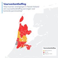 Kaart van Noord-Holland waarop gemeenten rood, geel of oranje zijn gekleurd om de status van de aanvragen voor vuurwerkvergunningen voor het komende nieuwjaar aan te geven: rood betekent dat er geen aanvraag kan worden ingediend, geel betekent dat er nog 