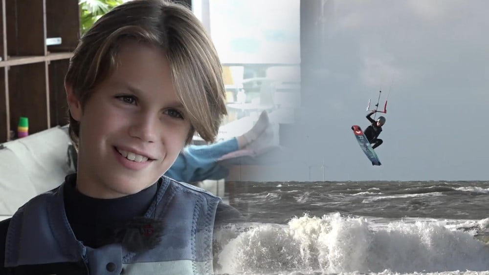 Fierce waves and strong winds: you couldn't make kitesurf talent Alex (13) any happier