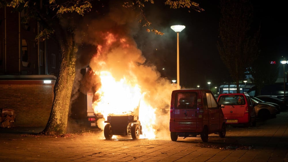Microcars and scooter destroyed by fire on Burgemeester De Vlugtlaan
